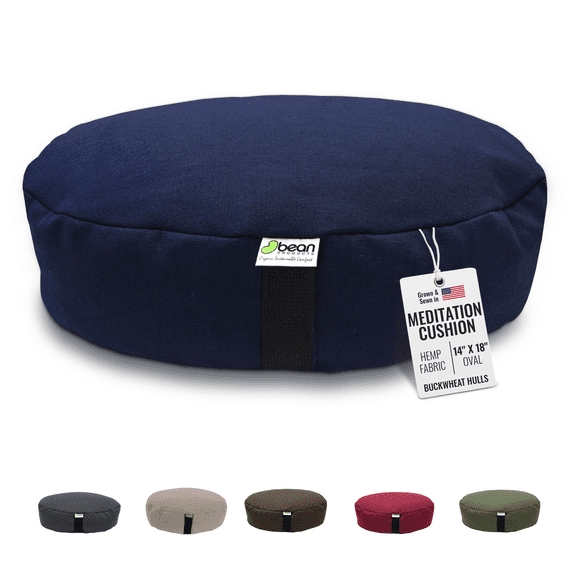 Organic Buckwheat Hulls Oval XL - 14" x 18" Zafu Meditation Cushion - Tibetan Style Natural Hemp Zen Yoga Pillow for Floor - Made in USA, Blueberry