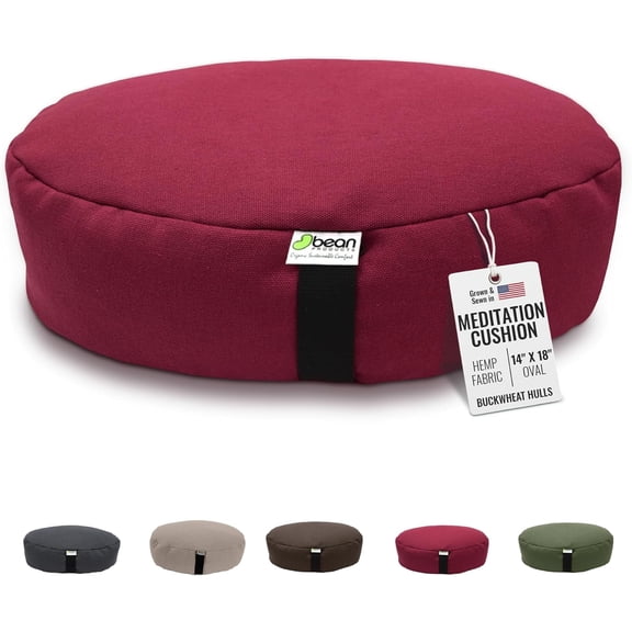 Organic Buckwheat Hulls Oval XL - 14" x 18" Zafu Meditation Cushion - Tibetan Style Natural Hemp Zen Yoga Pillow for Floor - Made in USA, Cranberry