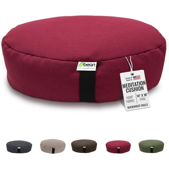Organic Buckwheat Hulls Oval XL - 14" x 18" Zafu Meditation Cushion - Tibetan Style Natural Hemp Zen Yoga Pillow for Floor - Made in USA, Cranberry