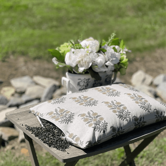 Organic Buckwheat Pillow – 14" x 20" – Neutral Floral Block Print Cover – Decorative, Extra Filled, Perfect for Gift