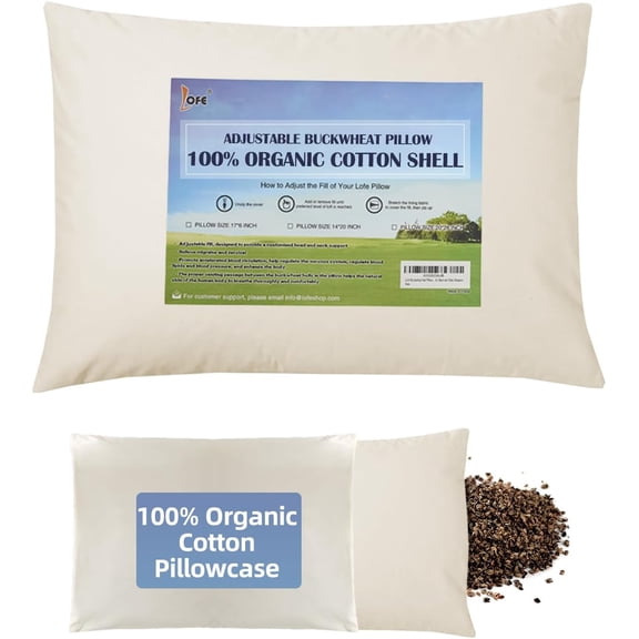 Organic Buckwheat Pillow for Sleeping with Organic Cotton Pillowcase - 14''x20'' Adjustable Pillow, Breathable for Cool Sleep, Cervical Support for Back and Side Sleepers(Tartary Buckwheat Hulls)