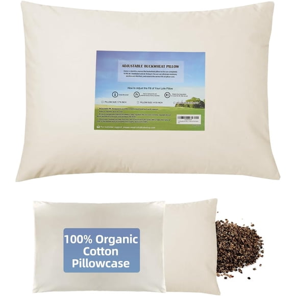 Organic Buckwheat Pillow for Sleeping with Organic Cotton Pillowcase,Adjustable Pillow, Breathable for Cool Sleep, Cervical Support for Back and Side Sleeper
