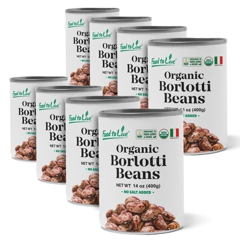 Organic Canned Borlotti Beans, 14 oz (Pack of 8) - Italian Cranberry Beans. Unsalted Non-GMO. Perfect for Salads, Soups and Pasta e Fagioli. Vegan. Good Source of Fiber and Protein - by Food to Live