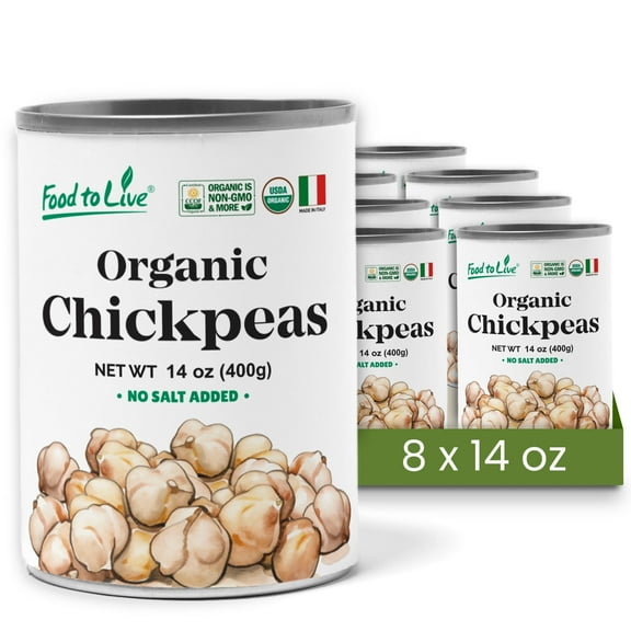 Organic Canned Chickpeas, 14 oz (Pack of 8) - Unsalted Non-GMO Garbanzo Beans. Perfect for Salads, Soups, Hummus, and Falafel. Vegan. Good Source of Fiber and Protein. Made in Italy
