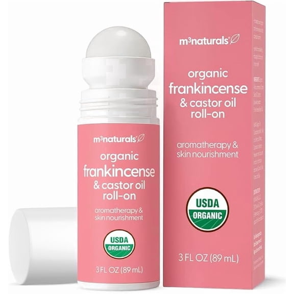 M3 Organic Castor Oil + Frankincense Roll-On | USDA, Cold-Pressed, Hexane Free, Vegan Castor Oil with Frankincense Essential Oil | Body Massage Oil for Aromatherapy & Lymphatic Massage, 3 oz