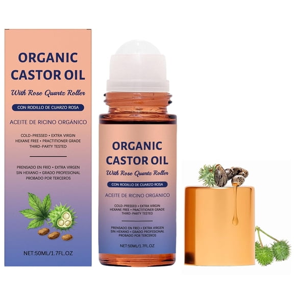 Organic Castor Oil with Rose Quartz Roller, 100% Pure Cold-Pressed, Organic Castor Oil Roll On Rose Quartz, Hexane-Free,Amber Glass Bottle for Skin