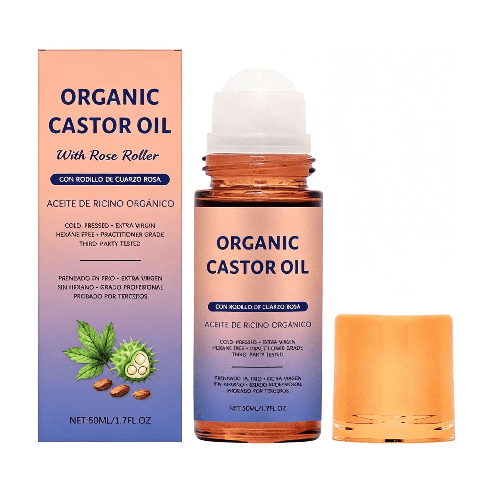 Organic Castor Oil with Rose Roller, 100% Pure Cold-Pressed, Organic Castor Oil Roll On Rose , Hexane-Free,Amber Glass Bottle for Skin