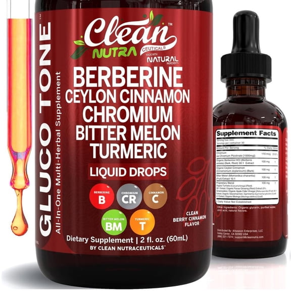 Berberine Liquid Drops with Ceylon Cinnamon, Bitter Melon, Gymnema, Chromium, Turmeric, Panax Ginseng - Blood Sugar Support* - Berry Cinnamon Flavor - 2 fl oz - Clean Nutra