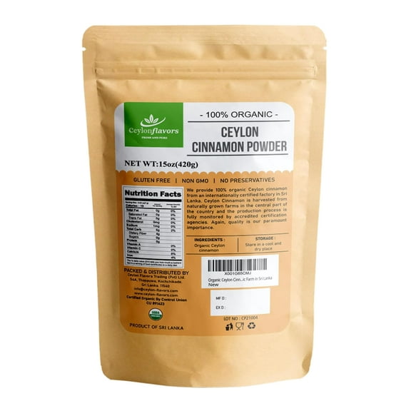 Organic Ceylon Cinnamon Powder, 15 oz, True Cinnamon, Premium Grade, Harvested & Packed from a USDA Certified Organic Farm in Sri Lanka
