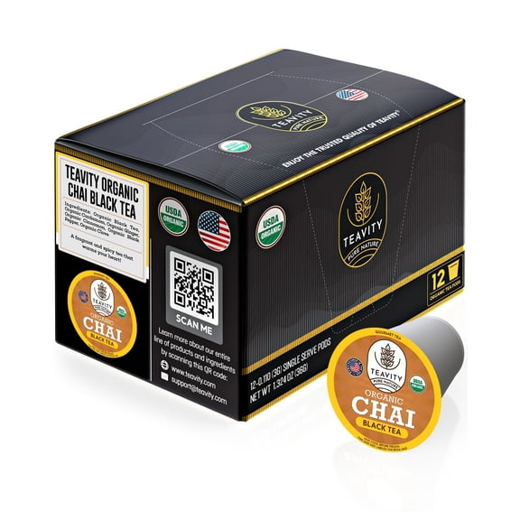 Organic Chai Black Tea Pods Compatible with Keurig Brewers by Teavity (Chai Black Tea, 12 Tea Pods)