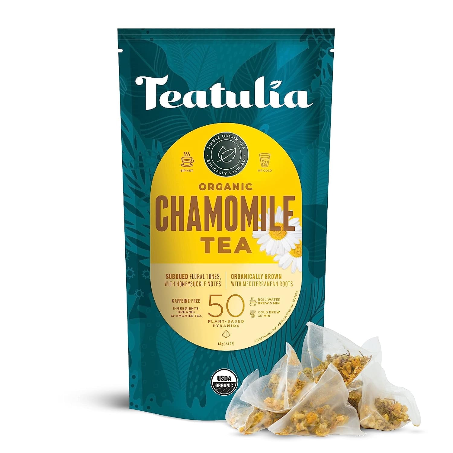 Organic Chamomile Tea Bags (50 Pyramid Teabags) Whole Flower 100