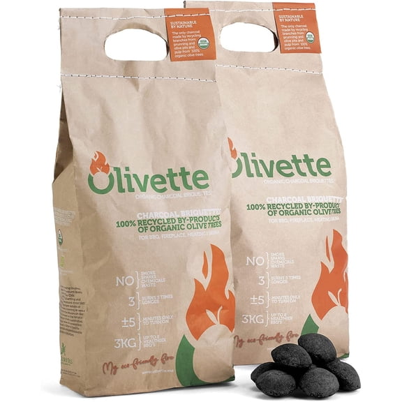 Organic Charcoal Briquettes by , Reusable Charcoal for Grilling, USDA Certified, Recycled Olive Tree Byproduct, Ready to Light, 6.6 lb. Bag Equal to 20 lb. of a Regular Charcoal, 2-Bag Pack