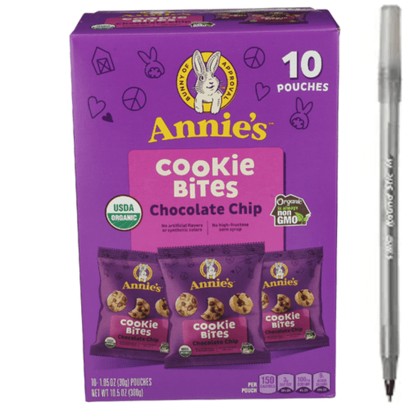 Organic Chocolate Chip Cookie Bites 10 Snack Packs with pen