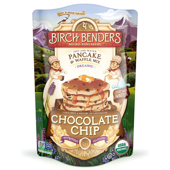 Organic Chocolate Chip Pancake and Waffle Mix by Birch Benders, Whole Grain, Just Add Water, Non-GMO, 16oz 1 Pound (Pack of 1)