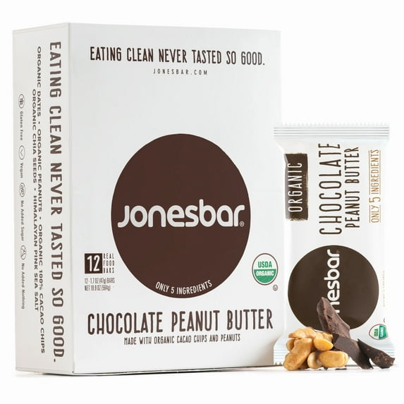 Organic Chocolate Peanut Butter Fruit & Nut Bar, Jonesbar, Certified Organic & Kosher, Gluten Free, Vegan, 12 Count (Pack of 1)