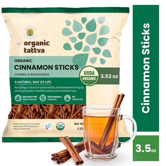 Organic Tattva Whole Cinnamon Sticks (Dalchini) (3.53 oz/100 gm), Whole Spices with Natural Oils, No Additives, USDA Certified