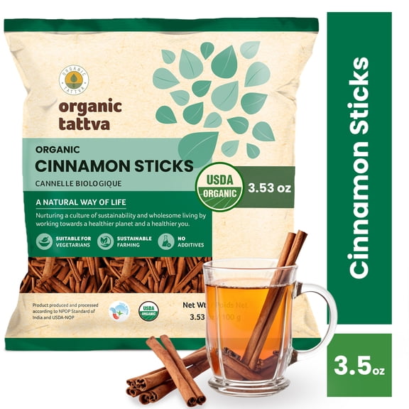 Organic Tattva Whole Cinnamon Sticks (Dalchini) (3.53 oz/100 gm), Whole Spices with Natural Oils, No Additives, USDA Certified