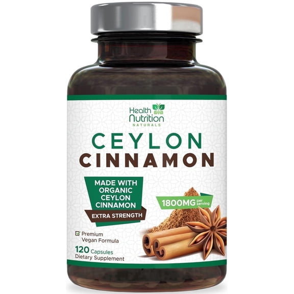 Ceylon Cinnamon Capsules 1800mg, Extra Strength, Certified Organic “True Cinnamon” Powder Formula for Energy & Heart Support, Bottled in USA, Non-GMO, Gluten Free, Sugar Free Supplement, 120 Capsules
