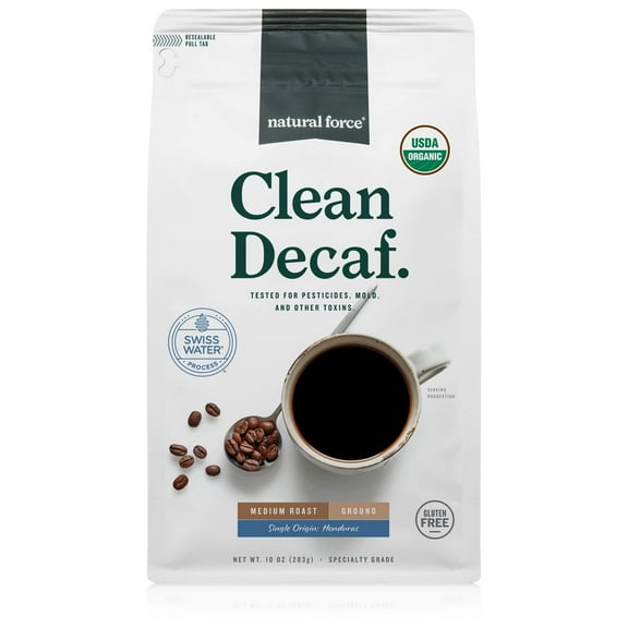 Natural Force - Organic Clean Decaf Coffee, Mold & Mycotoxin Free, Lab Tested for Toxins & Purity, Low Acidity, Incredible Taste & Aroma, Ground Swiss Water Decaf Medium Roast, 10 oz