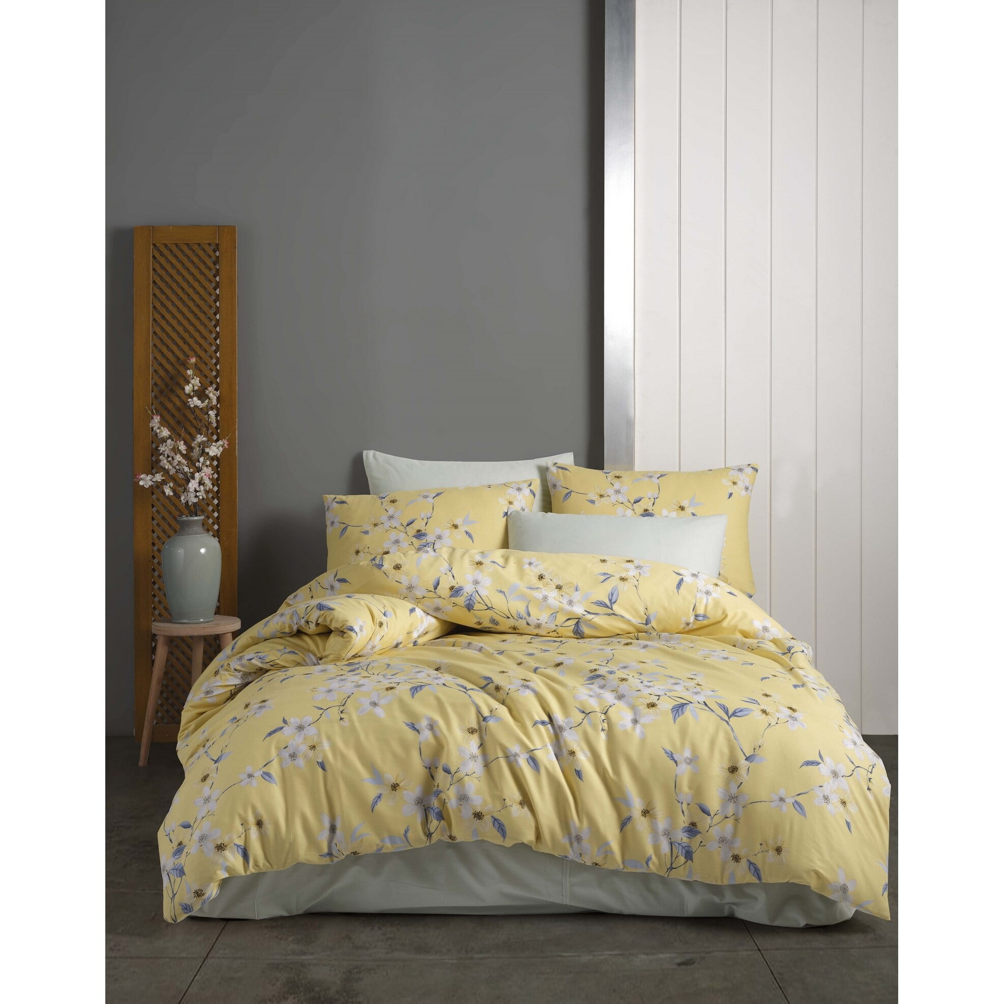Queen Organic Cotton Percale Yellow and White Floral Sheet Set