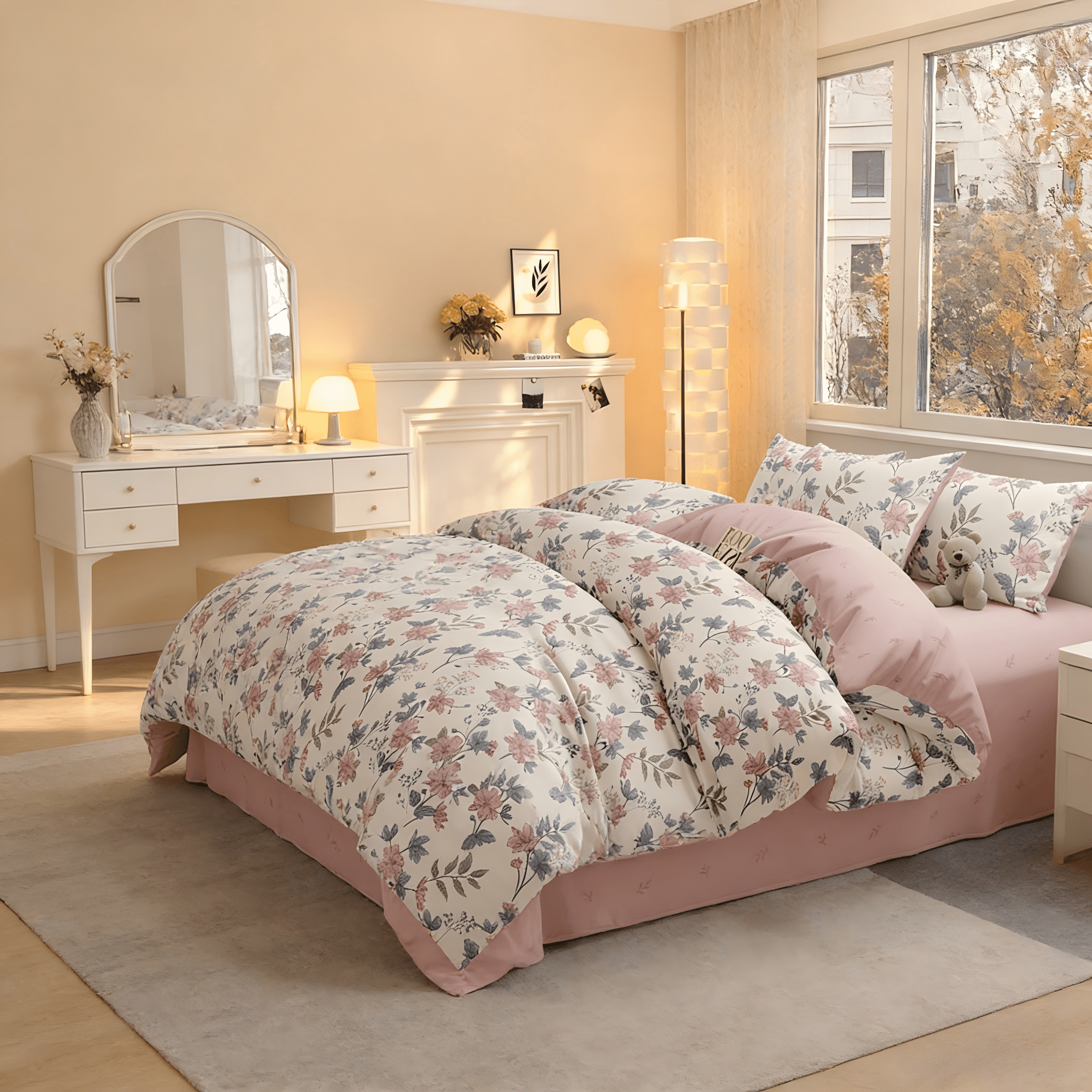 Organic Club Twin Size Blush Bloom Cotton Duvet Cover Set of 3 Comforter Cover with 2 Pillowcases with Envelope Closure 100% Cotton Bedding Set, Machine Washable, Pink Blue White