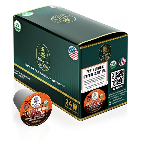 Organic Coconut Island Tea Pods Compatible with Keurig Brewers by Teavity - Caffeine-Free Herbal Tea - 24 Tea Pods