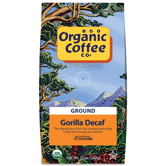 Organic Coffee Co Gorilla Decaf Ground Coffee 12 Ounce Medium Light Roast Natural Water Processed Decaffeinated USDA Organic