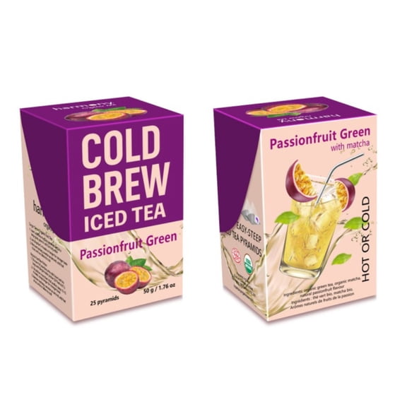 Organic Cold Brew Iced Tea Passionfruit Green with Matcha 25 Pyramid Tea Bags by Harmony