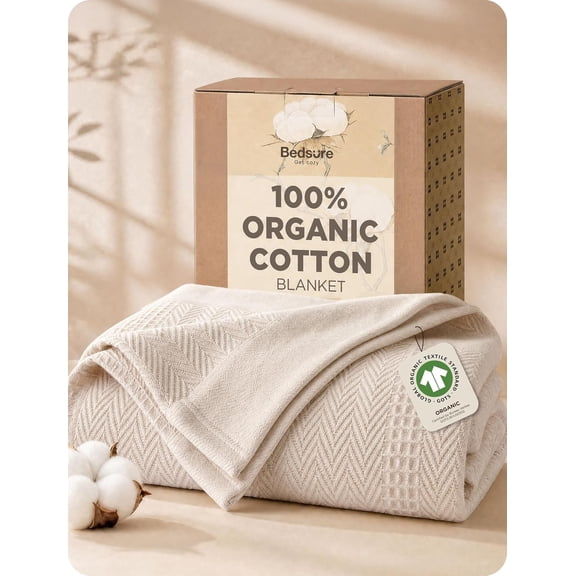 Organic Cotton Blanket Queen Size Soft Breathable Waffle and Herringbone Texture Beige
