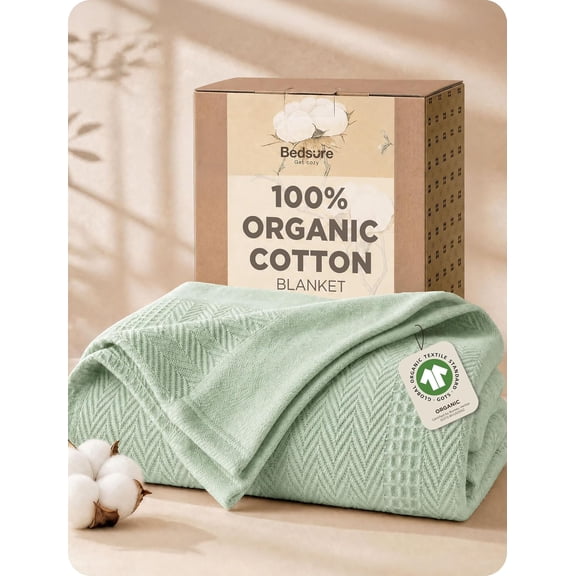 Organic Cotton Blanket Queen Size Soft Breathable Waffle and Herringbone Texture Light Green