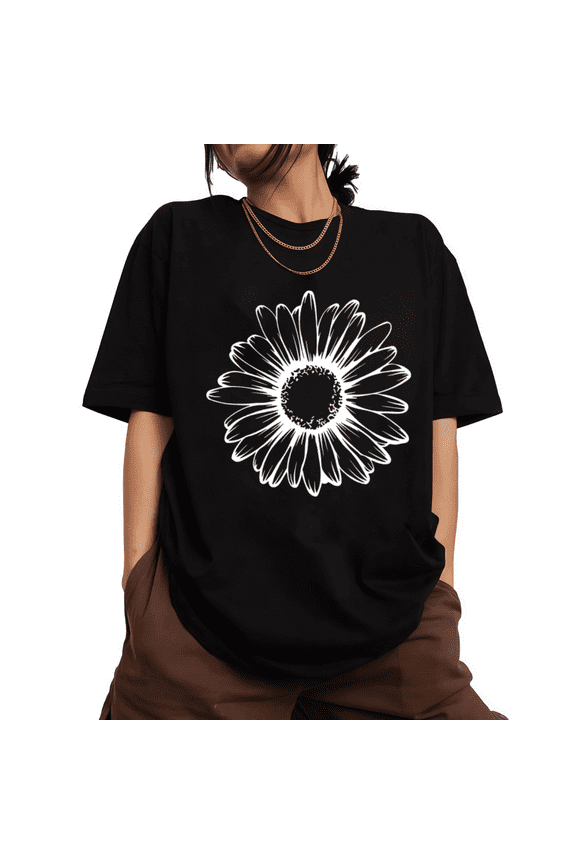 Organic Cotton Bookstore Run Boxy Fit Clean Daisy Line Art Black S-5XL Graphic Tees Everyday Tops