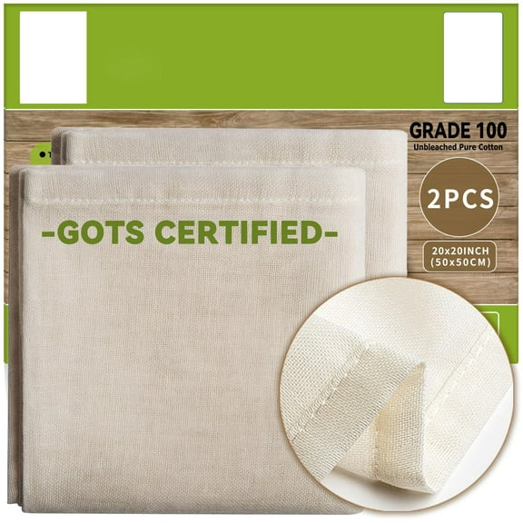 Organic Cotton Cheese Cloths, 20x20Inch Hemmed Fine Mesh, Grade 100 for Straining, Cooking, Compostable, Reusable, Beige