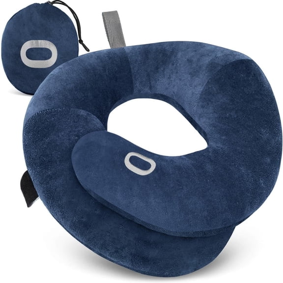 Organic Cotton Double Support Neck Pillow for Travel - 3 Ergonomic Positions for Head, Neck, and Chin Comfort - Ideal for Sleeping Upright on Flights, Cars, and at Home Large, Navy