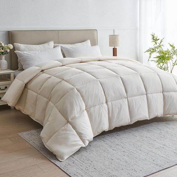  Organic Cotton Feather Fiber Comforter, Bedding Duvet Insert Full/Queen Size, All Season 100% Pure Natural Cotton Cover Breathable Fluffy Feather Comforter with Corner Ties (Beige, 88"x90")