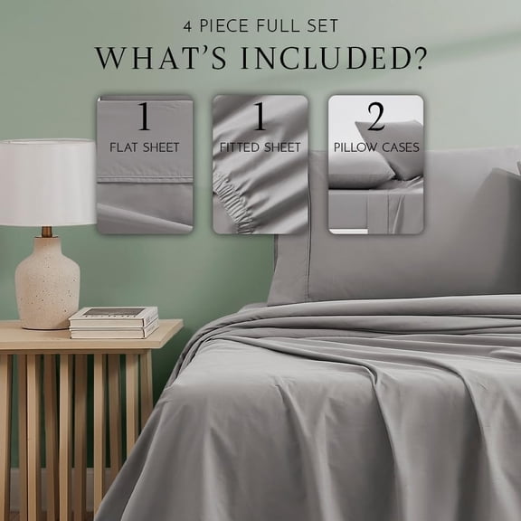 Organic Cotton Full Size Sheet Set - Percale Weave, Crisp Cool Soft Breathable Deep Pockets Dark Gray