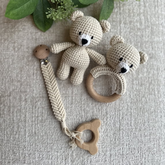 Pasifier Rattle Warna, Organic Cotton Crochet Bear Rattle Set, Small, Beige, Toy ...