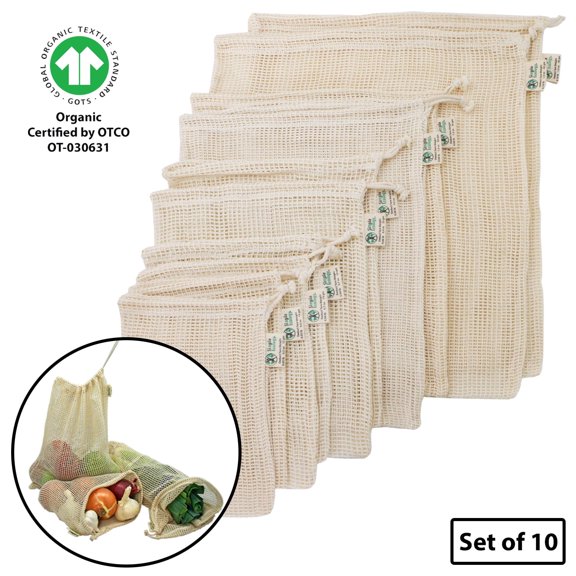 Organic Cotton Mesh Reusable Grocery Shopping Produce Bags - Set of 10 (2 ea.XL,L,M,S,XS)