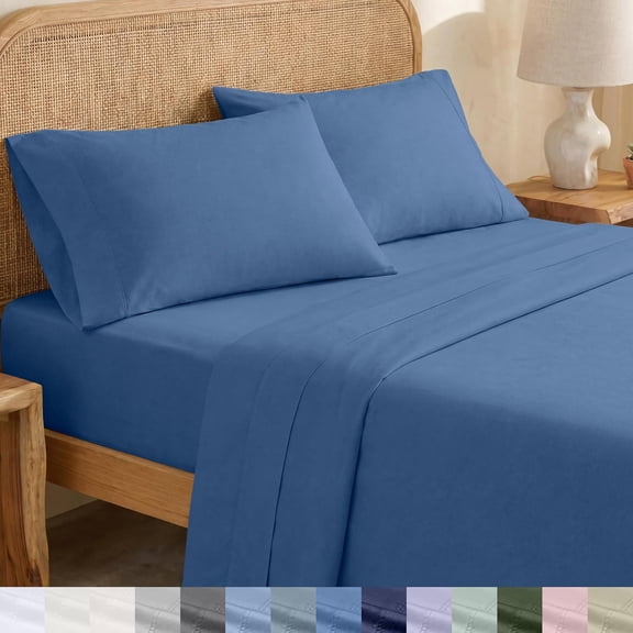 Organic Cotton Percale Sheets Queen Size Deep Pocket with Anti-Skid Elastic Riviera Blue