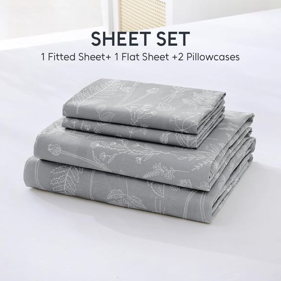 Organic Cotton Percale Sheets Set, Full Size 4 PC, Breathable& Hotel Quality Bedding, 16" Deep Pocket Botanical Floral Bedsheets, Gray