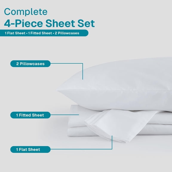 Organic Cotton Percale Weave King Size Sheet Set, 300 TC, GOTS Certified, Cool & Crisp, Breathable, Fits Mattresses Up to 17" Deep, Skin-Friendly, Luxury – White