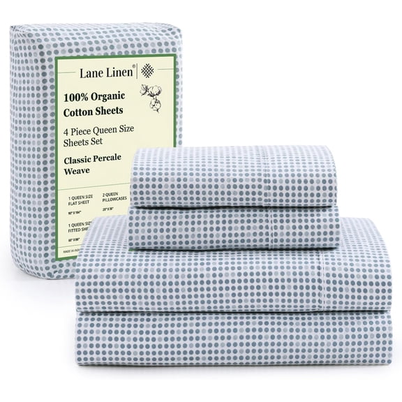 Organic Cotton Queen Bed Sheets Set Printed Polka Dot Blue 15 Inch Deep Pockets