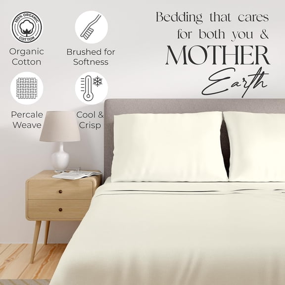Organic Cotton Queen Sheet Set, Soft Percale Weave, 18" Deep Pocket Cooling Cotton Sheets, Crisp & Breathable, Organic Cotton Sheets Queen, Light Ivory, 4-Piece Set