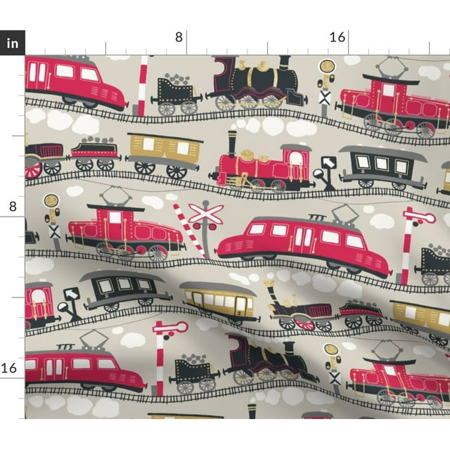 Organic Cotton Sateen Fabric Fat Quarter Trains Travel Railroad Crossing Wagons Caboose Custom