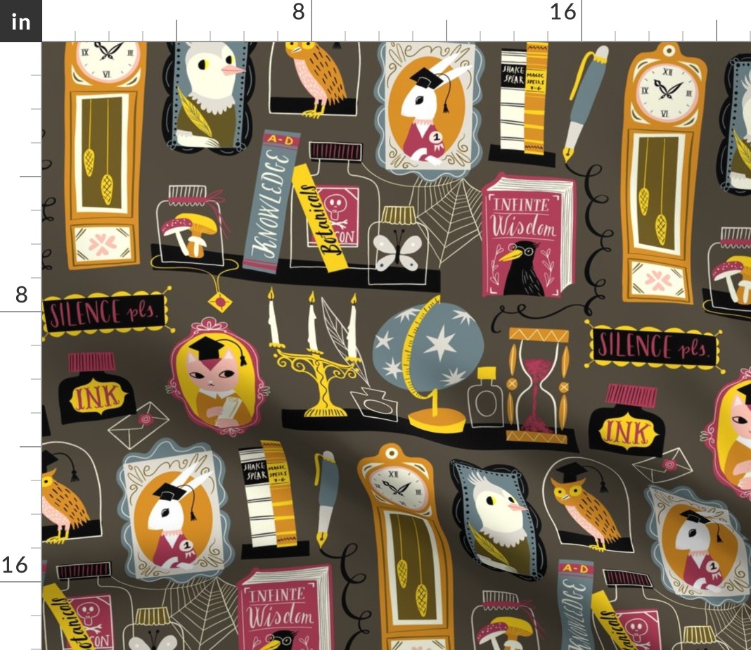 Organic Cotton Sateen Fabric by the Yard Extracurricular Creatures Gold Gothic Library