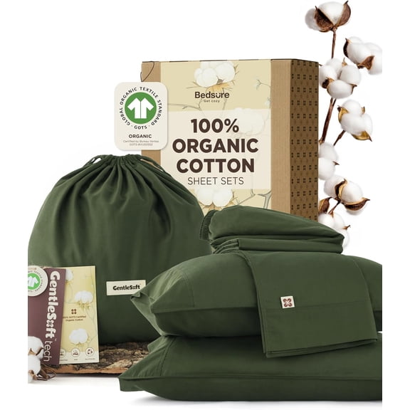 Organic Cotton Sheet Set Queen Size 17 Deep Pocket with Corner Straps Olive Green