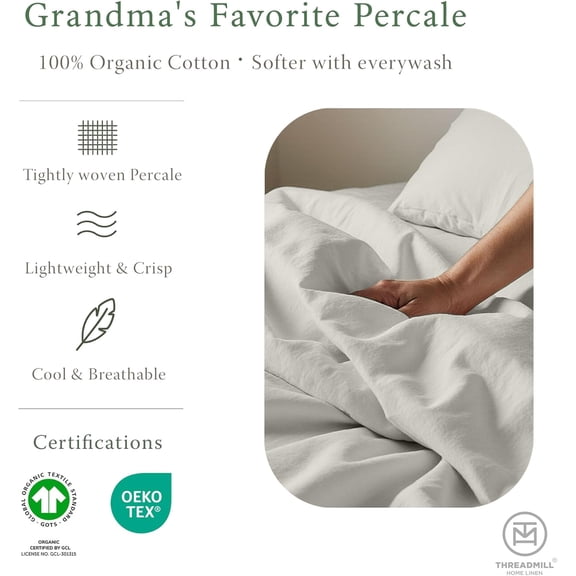 Organic Cotton Sheets - Queen, 4 Piece, Light Grey - Certified by GOTS - Soft and Cooling Bedsheet Set with Reusable Bag, Snug Fit with 16" Deep Pocket - Ultra Light