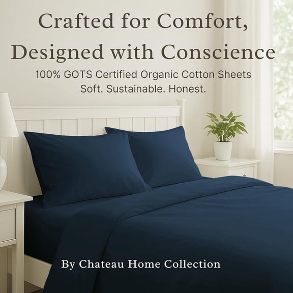Organic Cotton Sheets Queen Size Set, Soft & Comfy Sateen Weave GOTS & OEKO TEX Certiifed 15" Deep Pocket Queen Sheets, Machine Washable Low Pill Soft Breathable Sheet & Pillowcase Sets- Navy