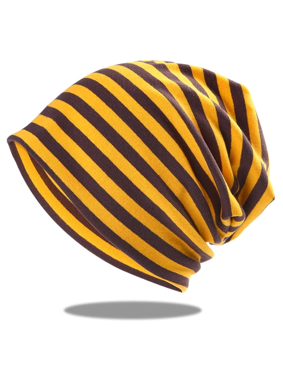 Organic Cotton Slouchy Beanie - Womens Chemo Hat Japanese Mens Hipster Cap - Baggy Sleep Cap,Yellow Stripe