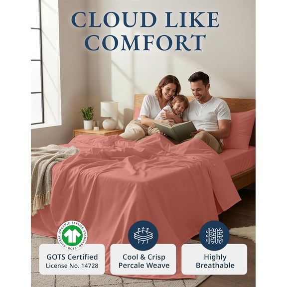Organic Cotton Twin XL Sheets Set, 3-Piece Pure Organic Cotton Percale Sheets, Cotton Bedsheets, Ultra Soft Bedding Sheets, Breathable, Fits Mattress Upto 15" Deep - Rose