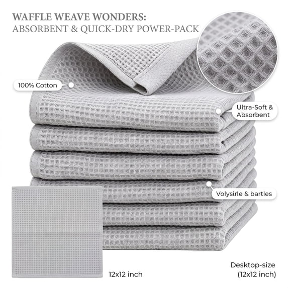 Organic Cotton Waffle Hand Towels for Bathroom & Kitchen, Large 12x12 in, Ultra Soft Cotton, Lightweight Quick Dry Waffle Weave, Set 6 (Light Gray)